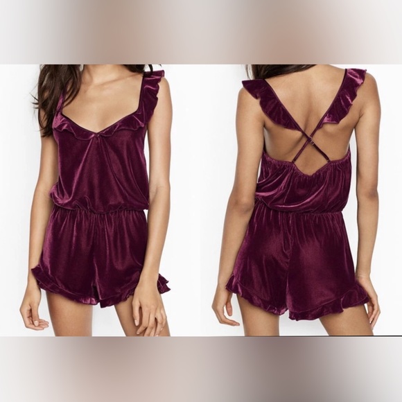 Victoria's Secret Velvet Romper Burgundy Ruffle Trim Y2K Lingerie One Piece S - Picture 1 of 7